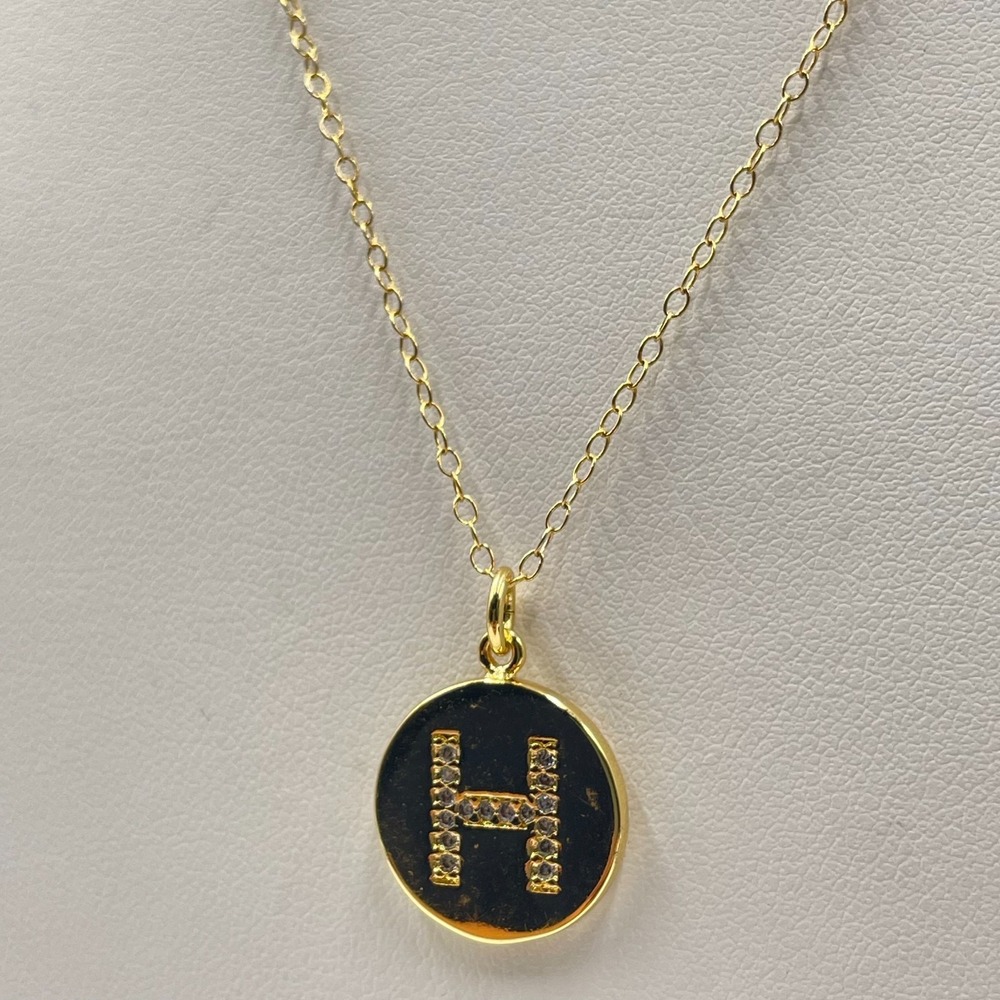 VTG Y2K Gold Tone Rhinestone Initial H Round Disc Pendant Necklace Minimalist